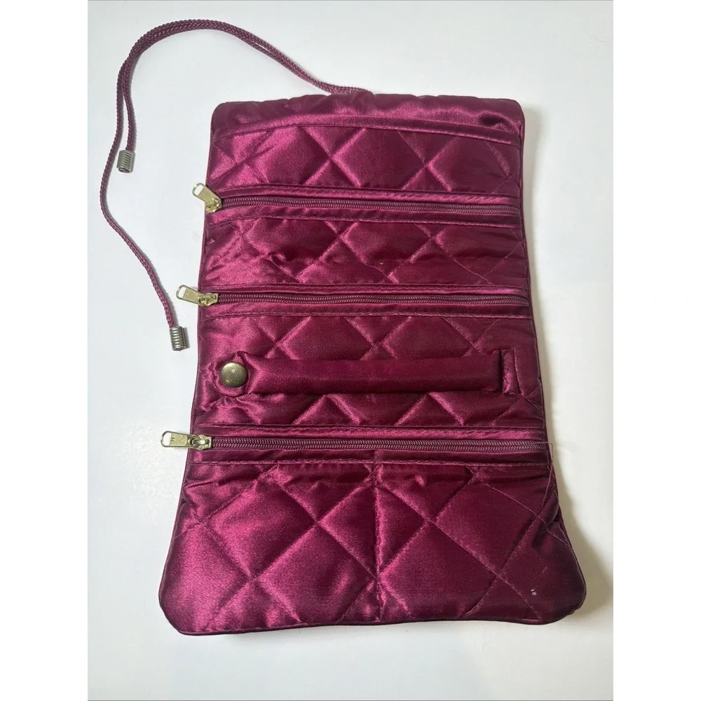 Purple Satin Travel Jewelry Bag Organizer Pouch 3-Zip Snap Ring Roll Up